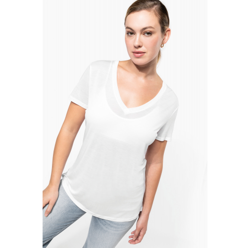 Camiseta lyocell Tencel™ cuello de pico manga corta - 145 g