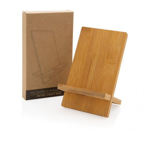 Soporte para teléfono de bambú en caja kraft